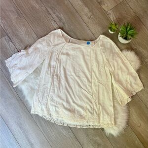 SOLITAIRE | Cream Lace Accent Sheer Embroidered Blouse (XL)
